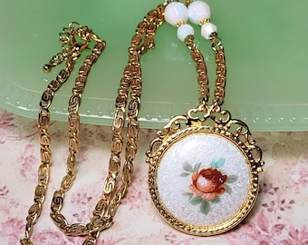 Guilloche Rose Gold Tone Necklace, Vintage Style Necklace, Costume Jewelry For Women, Handmade Jewelry