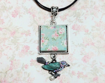 Shabby Chic Pendant with Bird Charm, Ceramic Tile Necklace, Cord Necklace with Vintage Style Pendant, Gift for Bird Lover