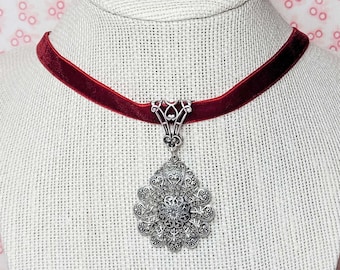 Red Velvet Choker, Silver Filigree Medallion, Victorian Choker, Filigree Pendant, Antique Style Choker Necklace