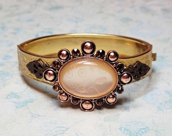 Copper & Pearl Cuff Bracelet, Repurposed Jewelry, Cuff, Upcycled Jewelry, Vintage Hinged Cuff, Repurposed Costume Jewelry