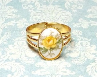 Yellow Rose Ring, Yellow Rose Cameo Ring, Yellow Flower Ring, Vintage Style Adjustable Ring