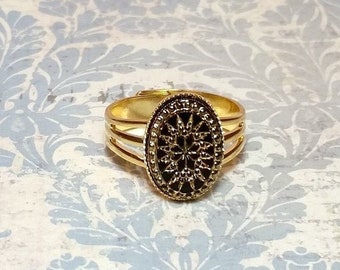 Victorian Starburst Ring, Victorian Star Ring, Starburst Ring, Victorian Ring, Black and Gold Ring, Adjustable Ring Size 7-9