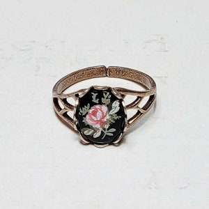 Pink Rose on Black Cameo Ring, Antique Style Brass Ring, Victorian Style Ring, Floral Cameo Ring, Adjustable Ring, Size 6.5+