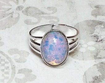 Pink Glass Opal Ring, Silver Plated Ring, Pink Ring, Gifts For Her Jewelry, Pink & Silver Ring, Adjustable Size 7-9