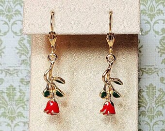 Long Stem Rose Earrings, Rose Charm Earrings, Red Rose Earrings, Rose Dangle Earrings, Leverback Charm Earrings For Women