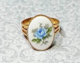 Blue Rose Ring, Antique Style Ring, Victorian Ring, Vintage Style Ring, Adjustable Gold Plated Ring, Size 7-9