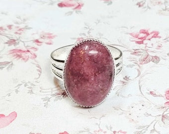 Rhodonite Ring, Rhodonite Gemstone Ring, Dark Pink Ring, Silver Tone Statement Ring, Pink Cocktail Ring, Adjustable Ring Size 7-9