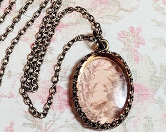 Floral Intaglio Cameo Necklace, Rosaline Pink Glass Intaglio Pendant, Antique Style Necklace, Vintage Style Costume Jewelry, Pink Intaglio
