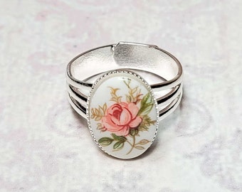 Rose Cameo Ring, Pink Rose Ring, Silver Ring, Romantic Style Ring, Vintage Style Ring, Antique Style Ring, Adjustable Ring Size 7-9