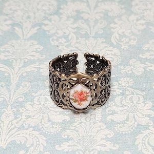 Pink Rose Ring, Vintage Style Ring, Brass Filigree Ring, Rose Cameo Ring, Adjustable Ring Sz 6-8