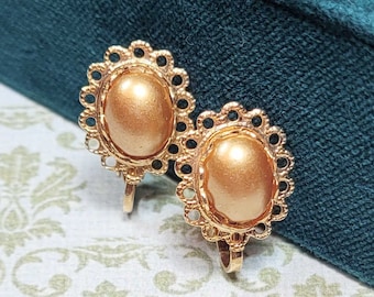 Golden Glass Pearl Clip On Earrings, Gold Faux Pearl Earrings, Non Pierced Earrings, Classic Costume Jewelry, Pearl Earrings