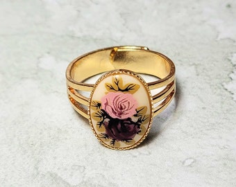 Pink Roses Cameo Ring, Vintage Style Ring, Antique Style Ring, Costume Jewelry Ring, Adjustable Ring Size 7-9