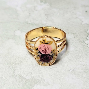 Pink Roses Cameo Ring, Vintage Style Ring, Antique Style Ring, Costume Jewelry Ring, Adjustable Ring Size 7-9