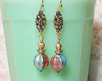 Czech Glass Bead Earrings, Pink & Blue Earrings, Dangle Earrings, Boho Style Earrings, Gift for Friend, Gift for Her
