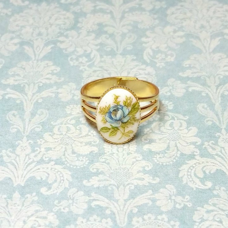 Adjustable Ring Blue Rose Cameo Ring Blue Flower Cameo Ring Vintage Style Ring Antique Style Ring