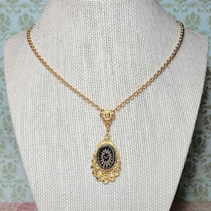 Victorian Starburst Necklace, Vintage Style Star Burst Necklace, Black and Gold Costume Jewelry, Necklaces For Women