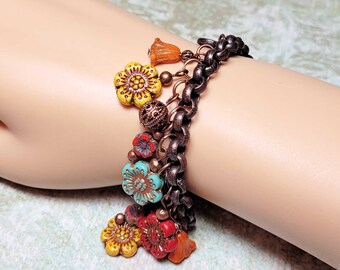 Czech Glass Flower Charm Bracelet, Floral Charm Bracelet, Antiqued Copper Jewelry, Bracelets For Her