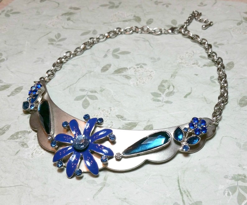 Silver-Tone Blue Collar Necklace Repurposed Costume Jewelry Statement Necklace