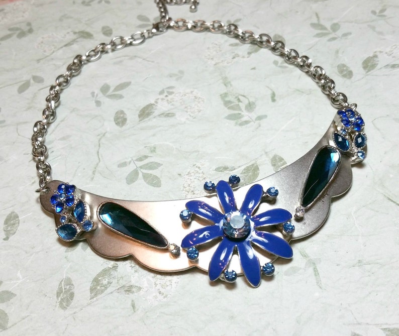 Silver-Tone Blue Collar Necklace Repurposed Costume Jewelry Statement Necklace