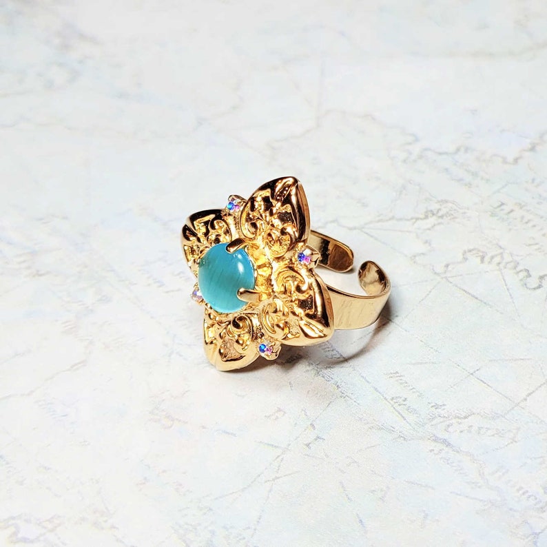 Blue Cat's Eye Ring, Gold Tone Statement Ring, Blue Cocktail Ring, Blue Ring, Costume Jewelry Ring, Adjustable Ring Size 8 image 5