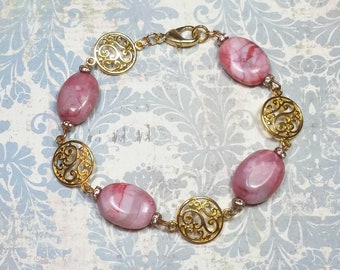 Pink Agate Semi Precious Gemstone Bracelet, Pink Beaded Bracelet, Pink & Gold Bracelet, Bracelets For Women, Pink Bracelet