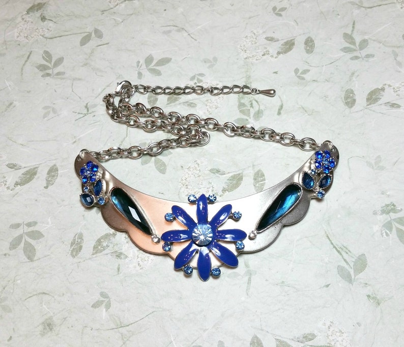 Silver-Tone Blue Collar Necklace Repurposed Costume Jewelry Statement Necklace