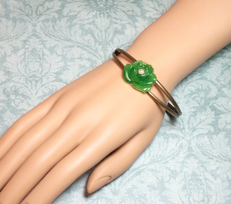 Green Rose Bracelet Vintage Flower Cuff Green Bracelet Vintage Glass Rose Cuff Bracelet