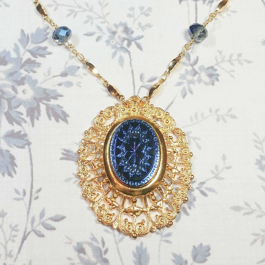 Blue Victorian Starburst Necklace, Art Deco Style Costume Jewelry