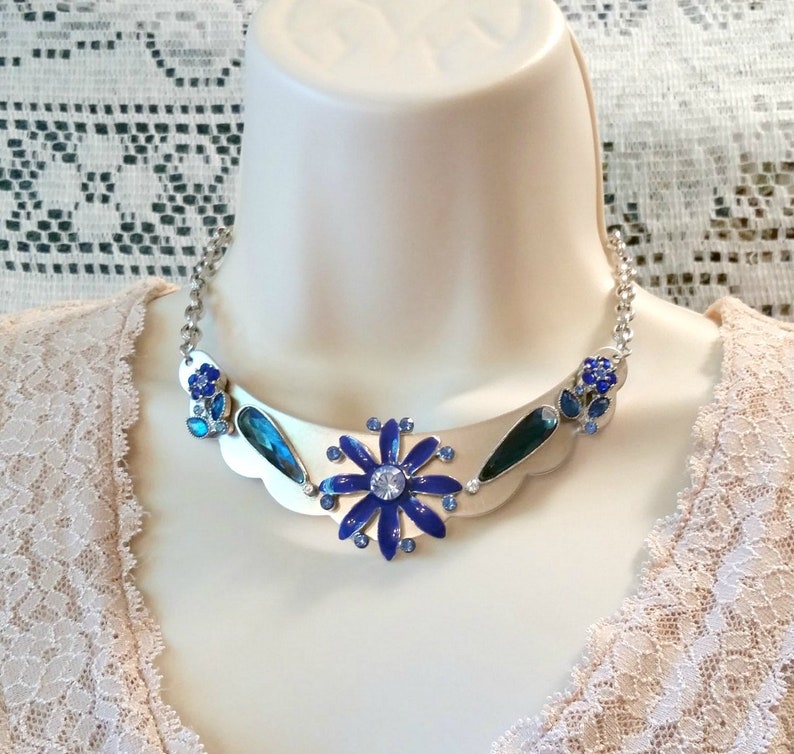 Silver-Tone Blue Collar Necklace Repurposed Costume Jewelry Statement Necklace