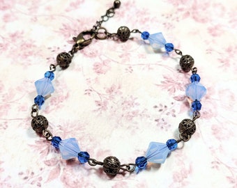 Blue Crystal Beaded Bracelet, Blue Austrian Crystal Bead Bracelet, Vintage Style Bracelet, Glass Bead Bracelet, Blue Bracelet