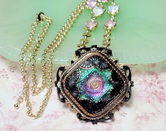 Black Czech Glass Button Necklace, OOAK Assemblage Jewelry, Black Button Necklace, Glass Rhinestones, Unique Jewelry For Her