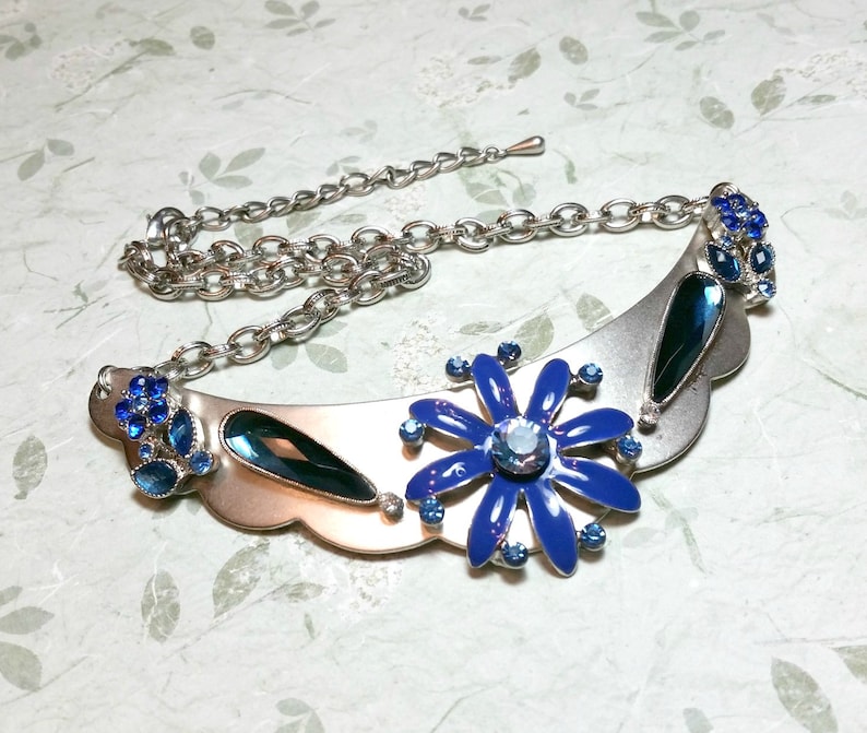 Silver-Tone Blue Collar Necklace Repurposed Costume Jewelry Statement Necklace