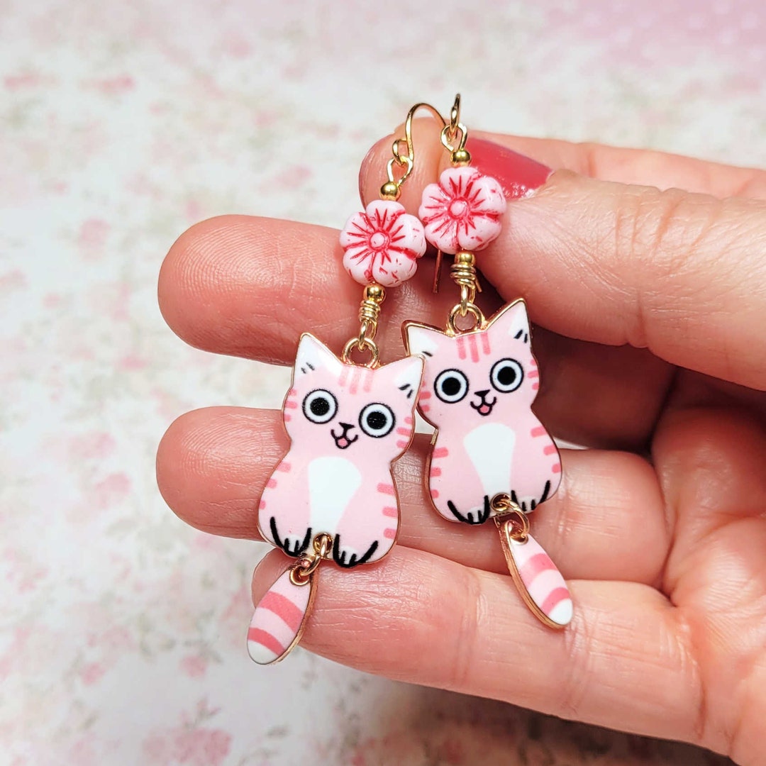Adorable Pink Cat Dangle Earrings, Cat Earrings, Kitten Earrings, Cat