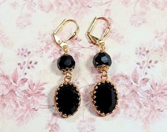 Antique Style Black Dangle Earrings, Victorian Earrings, Jet Black Rhinestone Earrings, Vintage Style Earrings