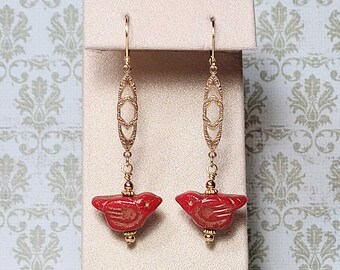 Red Bird Earrings, Czech Glass Bird Earrings, Gold Tone Vintage Brass Earrings, Dangle Earrings, Red Earrings