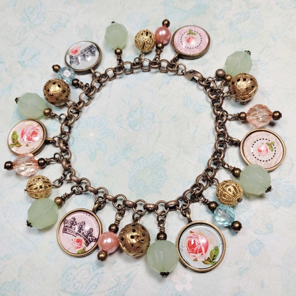 Shabby Chic Charm Bracelet, Romantic Style, Roses and Crowns Charms, Vintage Style, Statement Bracelet, Charm Jewelry