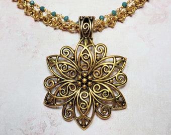 Filigree Flower Necklace, Multi-Chain, Vintage Chain, Adventurine Beaded Chain, Antiqued Gold Tone Filigree Pendant, Statement Necklace