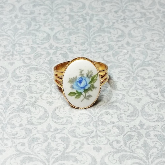 Blue Rose Ring, Antique Style Ring, Victorian Ring, Vintage Style Ring, Adjustable Gold Plated Ring, Size 7-9