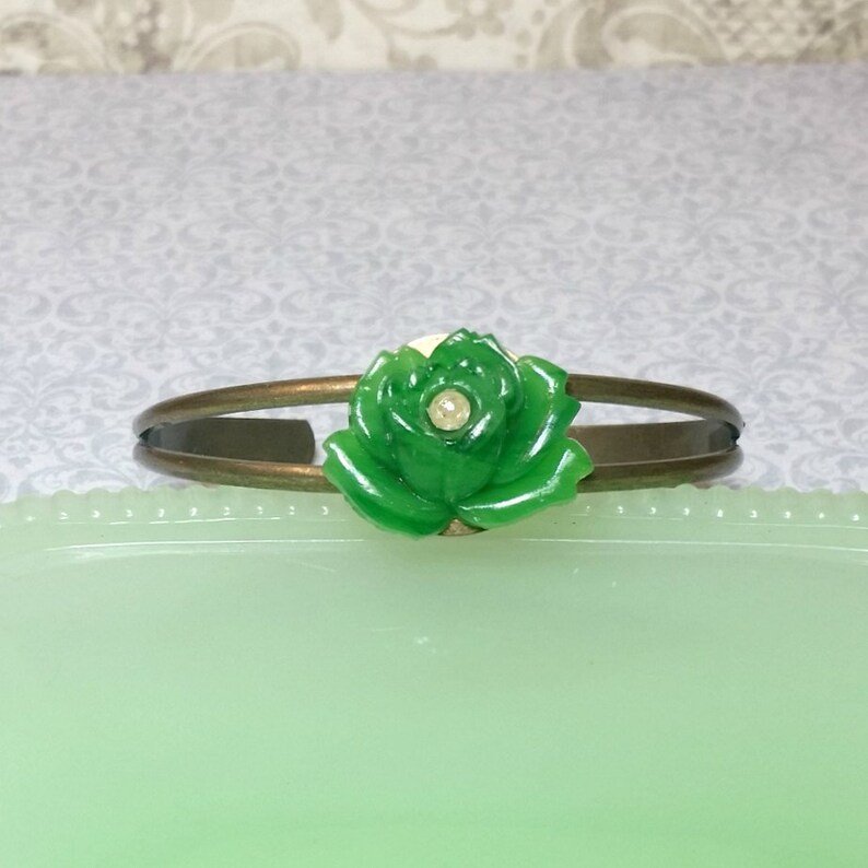 Green Rose Bracelet Vintage Flower Cuff Green Bracelet Vintage Glass Rose Cuff Bracelet