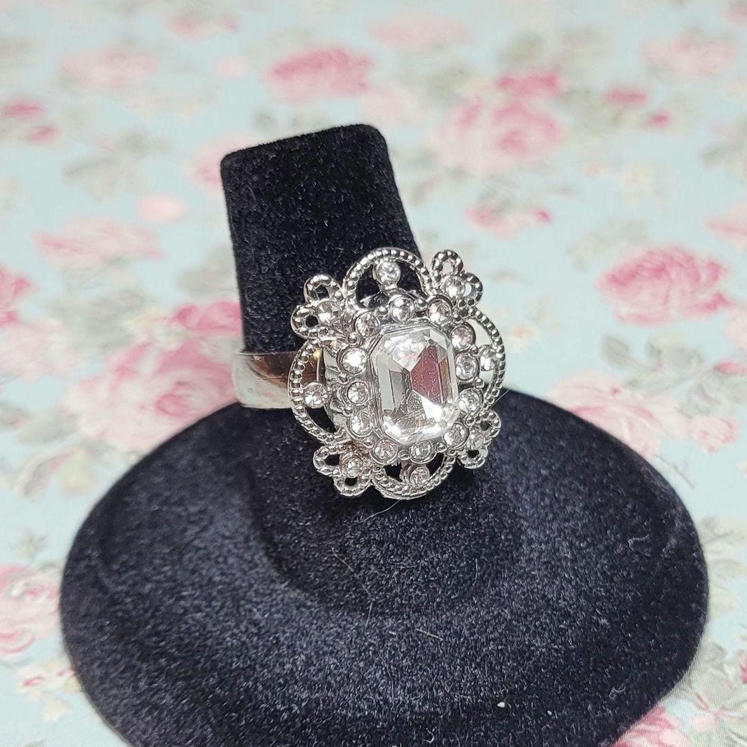 Rhinestone Cocktail Ring, Clear Rhinestone Ring, Costume Jewelry Ring ...