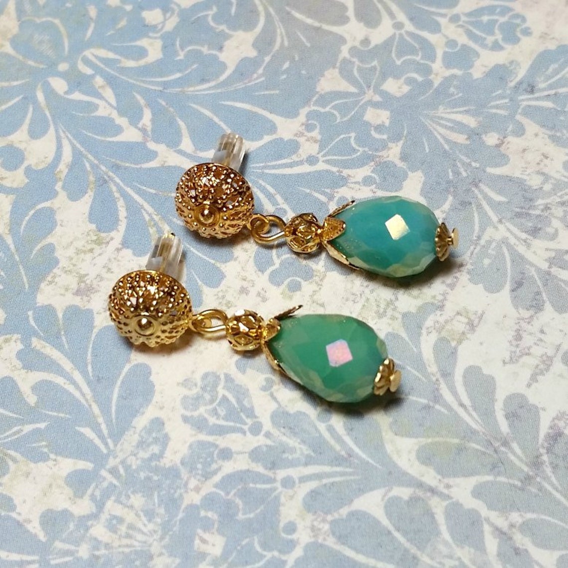 Seafoam Green Earrings Crystal Dangle Earrings Victorian Etsy