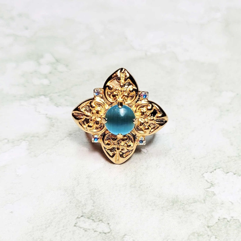 Blue Cat's Eye Ring, Gold Tone Statement Ring, Blue Cocktail Ring, Blue Ring, Costume Jewelry Ring, Adjustable Ring Size 8 image 1