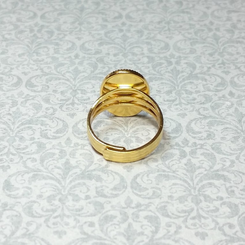 Pu&ograve; includere: Un anello regolabile color oro con un centro decorativo rotondo. L'anello presenta una fascia strutturata e un design circolare sulla parte superiore. L'anello &egrave; posto su uno sfondo a motivi.