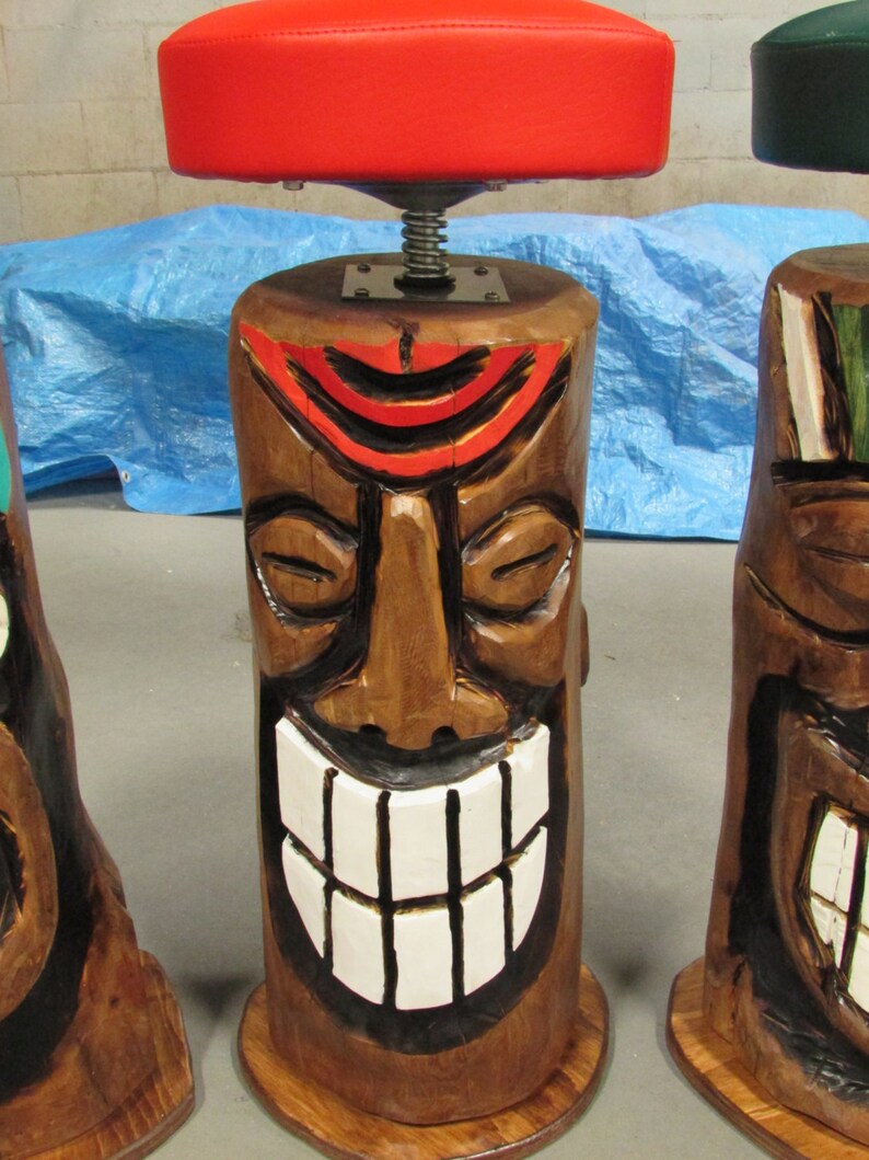Tiki bar Stool with swivel and footrest hand carved. Etsy