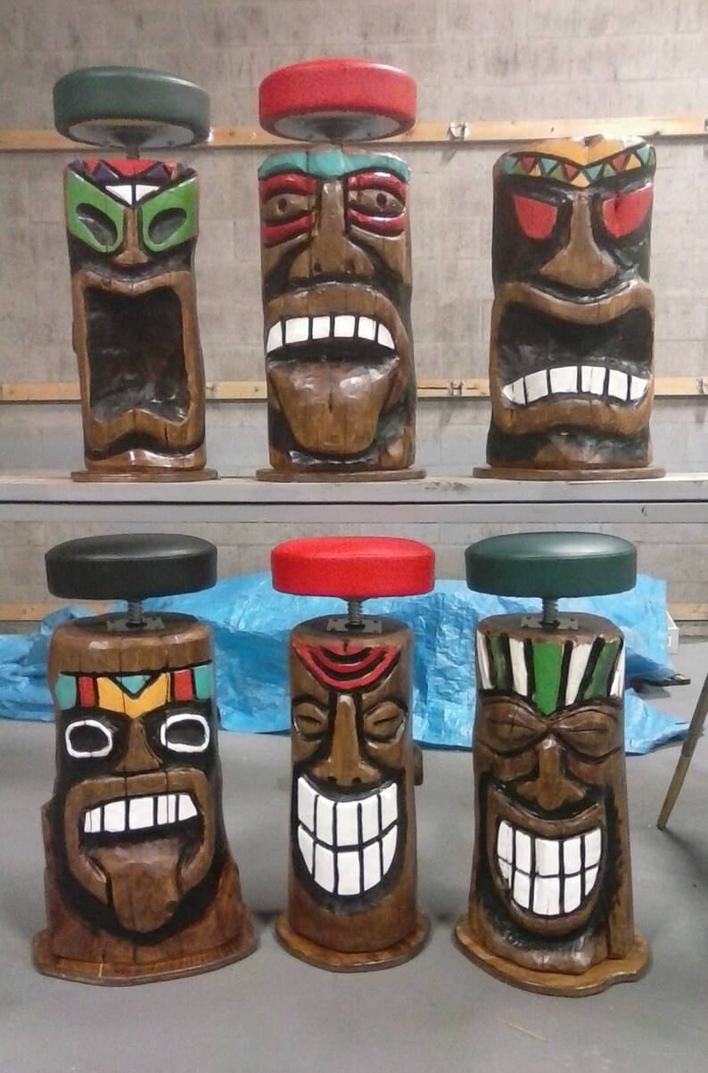 Tiki Bar Stool With Swivel And Footrest Hand Carved Image 0
