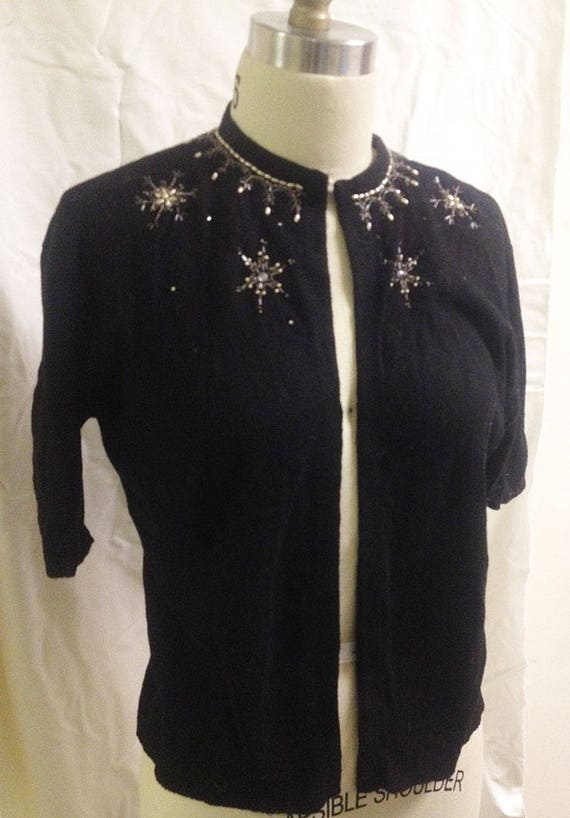 Vintage Black Beaded Cashmere Short Sleeved Cardigan