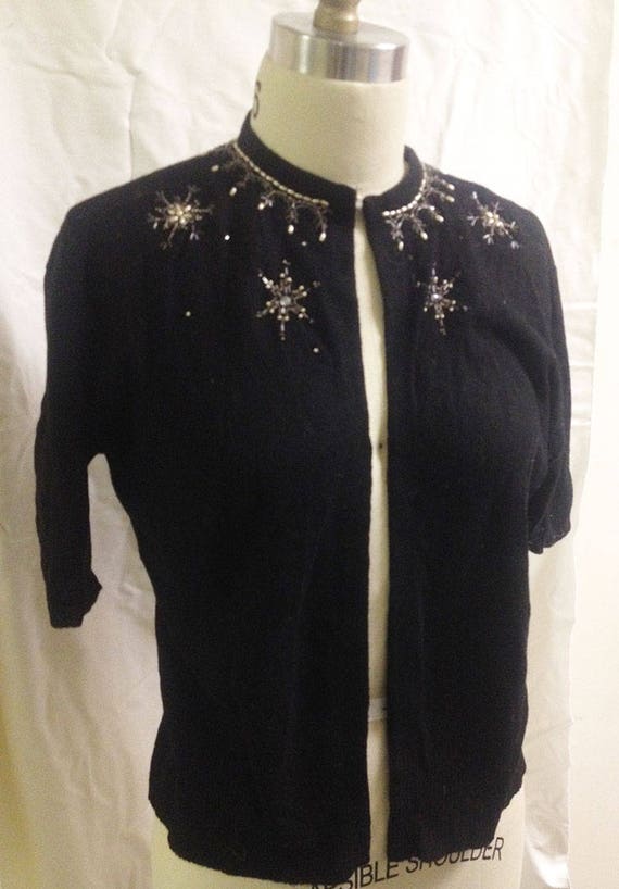 Vintage Black Beaded Cashmere Short Sleeved Cardig