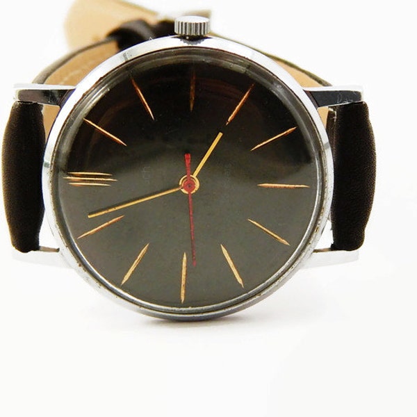 Rare Black Watch Mens Vintage Luch, Gold Plated, Soviet Mens Watch, With Leather Strap, Old Soviet Watch Mens Wristwatch, Gift Watch, 70s.