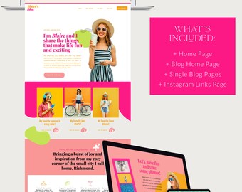 May include: A laptop computer screen displaying a website with a pink and yellow color scheme. The website features a woman in a striped dress and sunglasses, with the text "I'm Blaire and I share the things that make life fun and exciting." The website also includes a section titled "Bringing a burst of joy and inspiration from my cozy corner of the small city I call home, Richmond."
