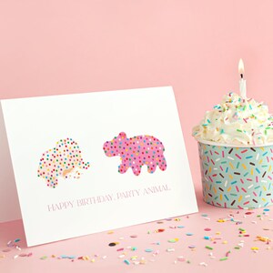 Tarjeta de felicitación de cumpleaños / Tarjeta de cumpleaños de animal de fiesta / Lámina rosa brillante e impresión digital / tarjetas de felicitación A2